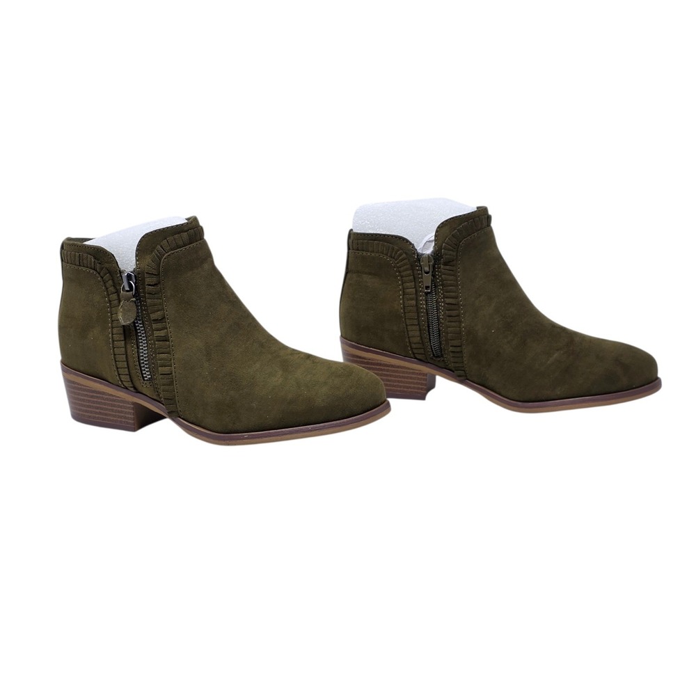 MIA Women 6.5W Olive Green Suede Ruffle Ankle Bootie Block Heel Boho Fall Earthy